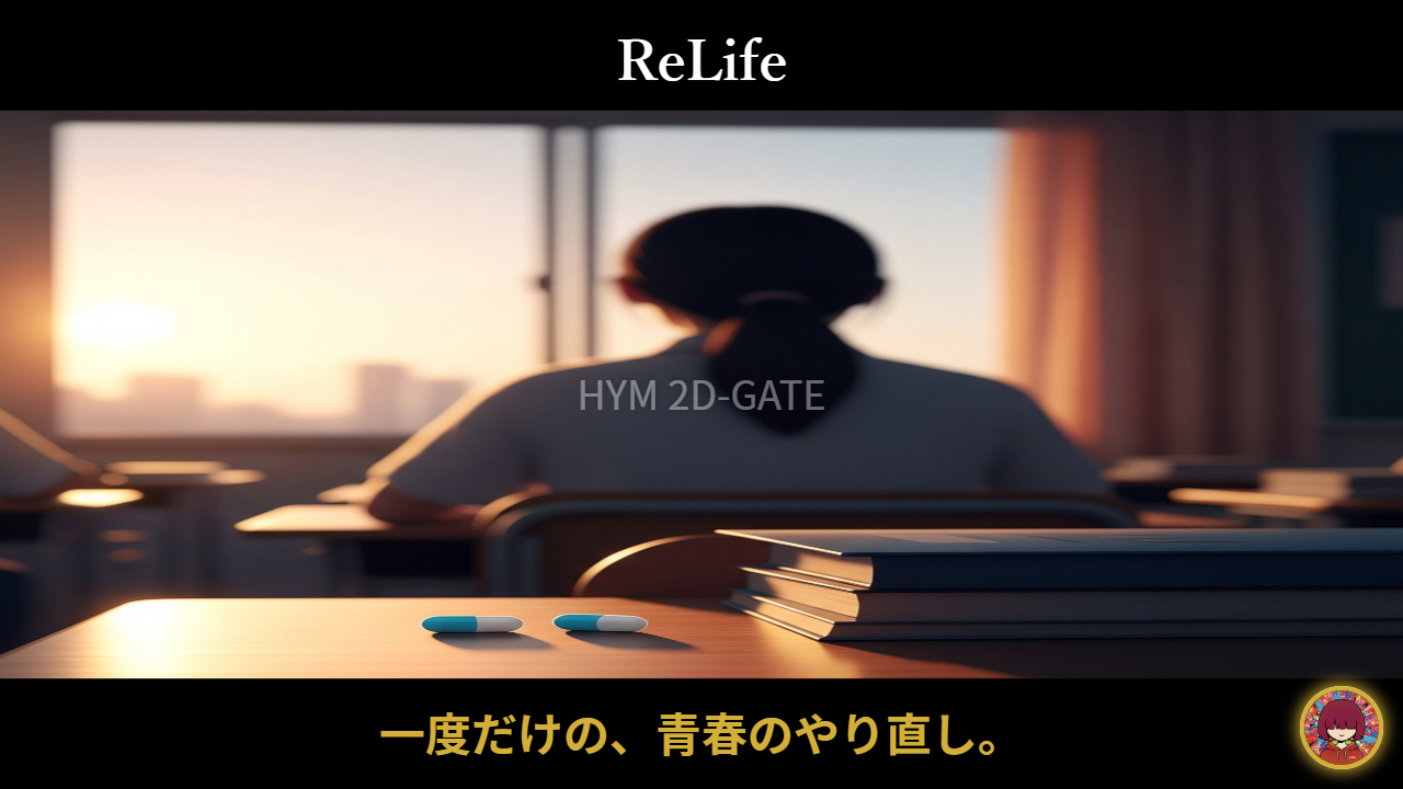ReLIFE Anime Concept Art Glowing Blue and Red Capsules on a High School Desk at Sunset