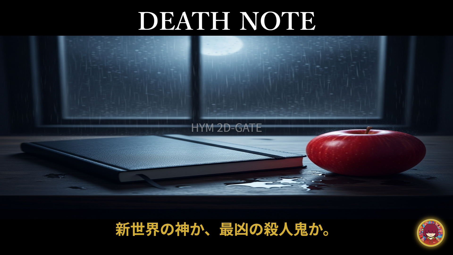 Death Note Anime Concept Art Black Notebook and Red Apple on a Desk in Shadows
